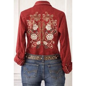 Ariat Small Petite FITTED Western Shirt Red Embroidered Snap Front Womens Top